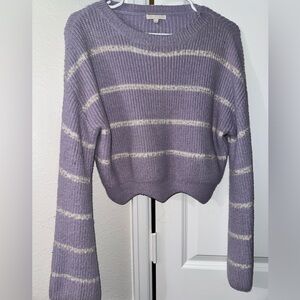 Gianni Bini Purple and Cream Striped Crew Neck Sweater